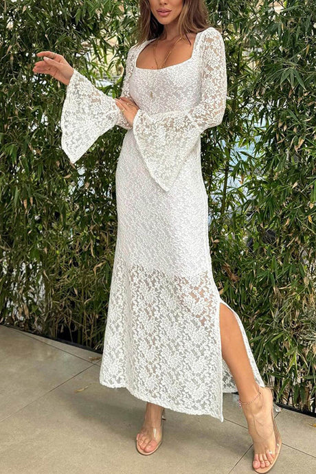 Arolora lace-long-flare-sleeve-slit-dress