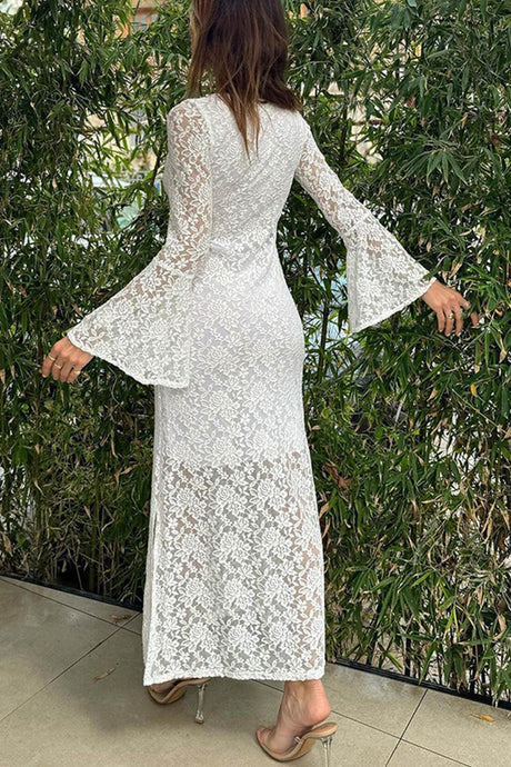 Arolora lace-long-flare-sleeve-slit-dress