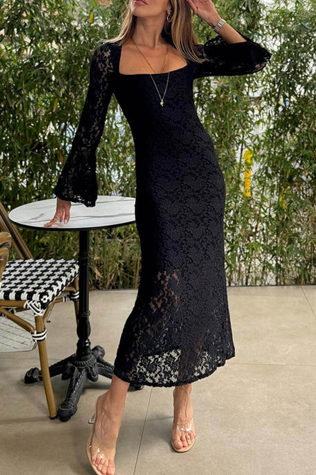 Arolora lace-long-flare-sleeve-slit-dress
