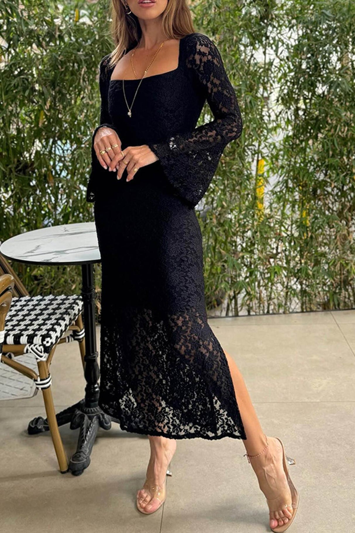 Arolora lace-long-flare-sleeve-slit-dress