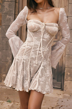 Lace Low Cut Flare Sleeve A-line Dress