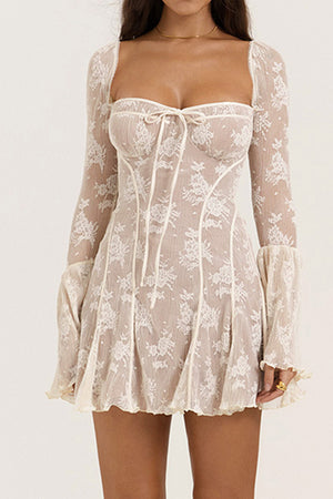 Lace Low Cut Flare Sleeve A-line Dress