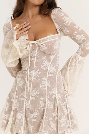 Lace Low Cut Flare Sleeve A-line Dress