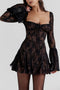 Lace Low Cut Flare Sleeve A-line Dress