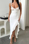 Arolora Lace Low Cut Irregular Ruffle Dress