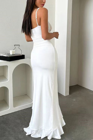 Arolora Lace Low Cut Irregular Ruffle Dress