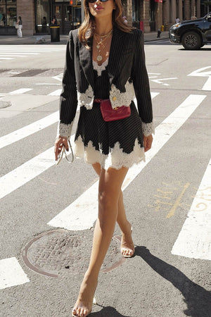 Arolora Lace Patchwork Striped Cami Dress Blazer Two-piece Outfits