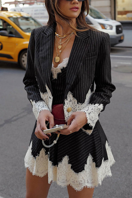 Arolora Lace Patchwork Striped Cami Dress Blazer Two-piece Outfits