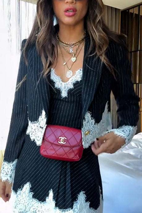 Arolora Lace Patchwork Striped Cami Dress Blazer Two-piece Outfits