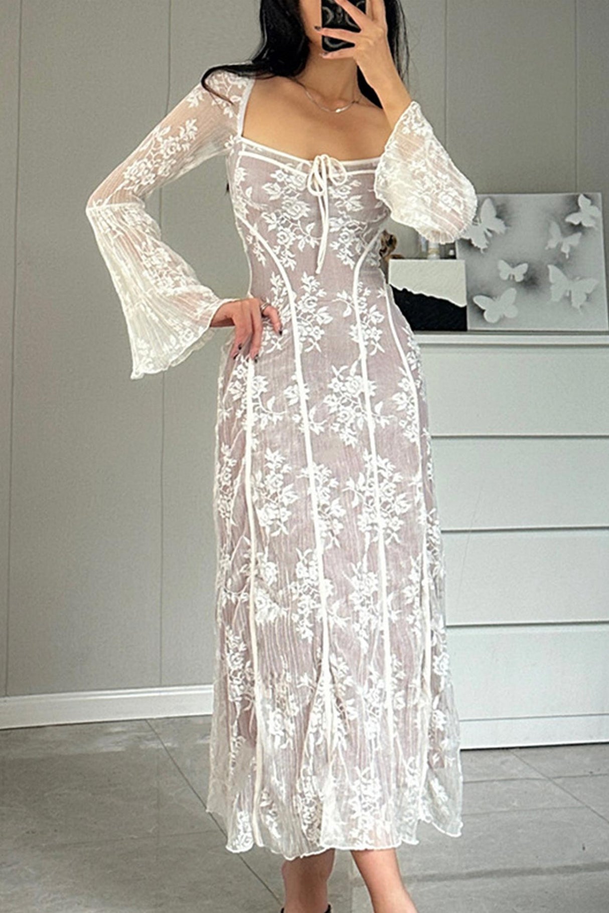 Lace Tie-up Flare Sleeve Midi Dress