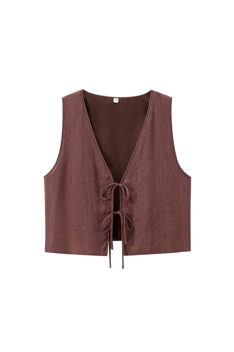 Arolora lace-up-textured-vest-midi-skirt-set