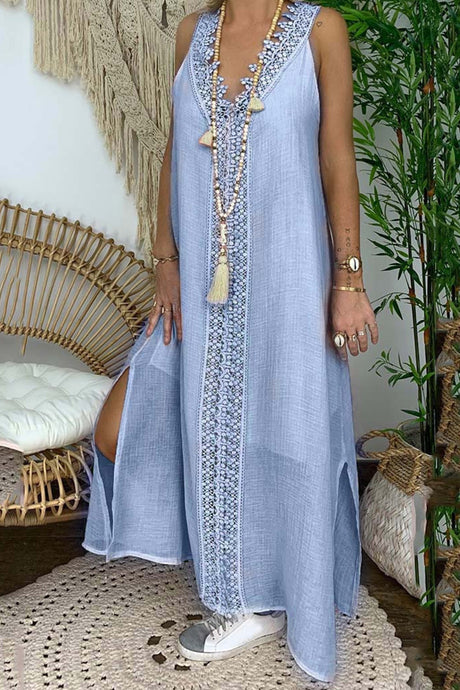Arolora lace-v-neck-slit-tank-dress