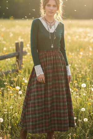 Lace V-neck Patchwork Plaid Skirt Maxi Dress