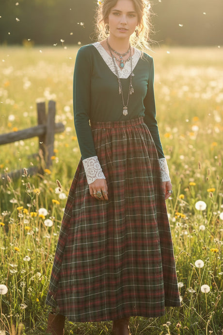 Lace V-neck Patchwork Plaid Skirt Maxi Dress