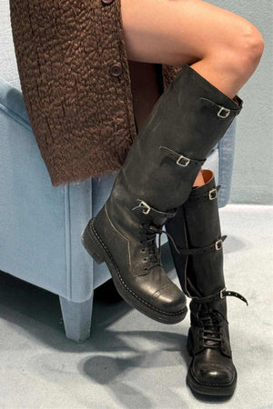 Arolora lace-up-knee-high-moto-buckle-boots