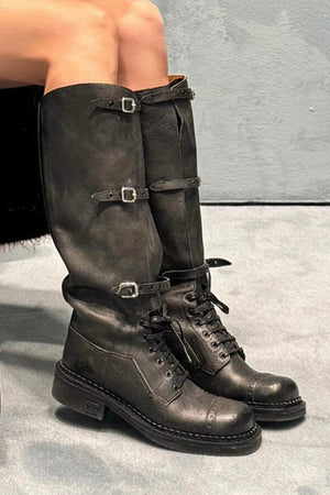 Arolora lace-up-knee-high-moto-buckle-boots