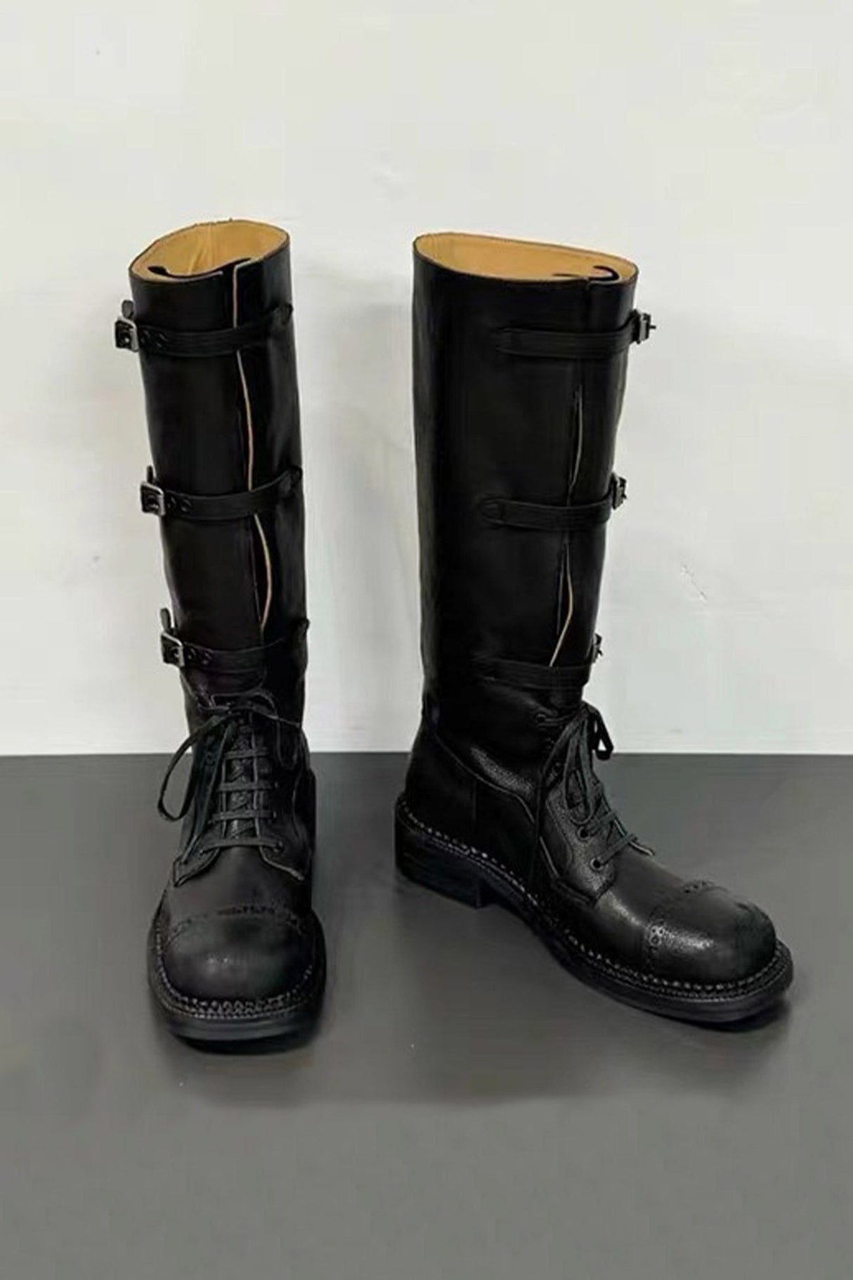 Arolora lace-up-knee-high-moto-buckle-boots