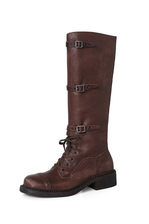 Arolora lace-up-knee-high-moto-buckle-boots