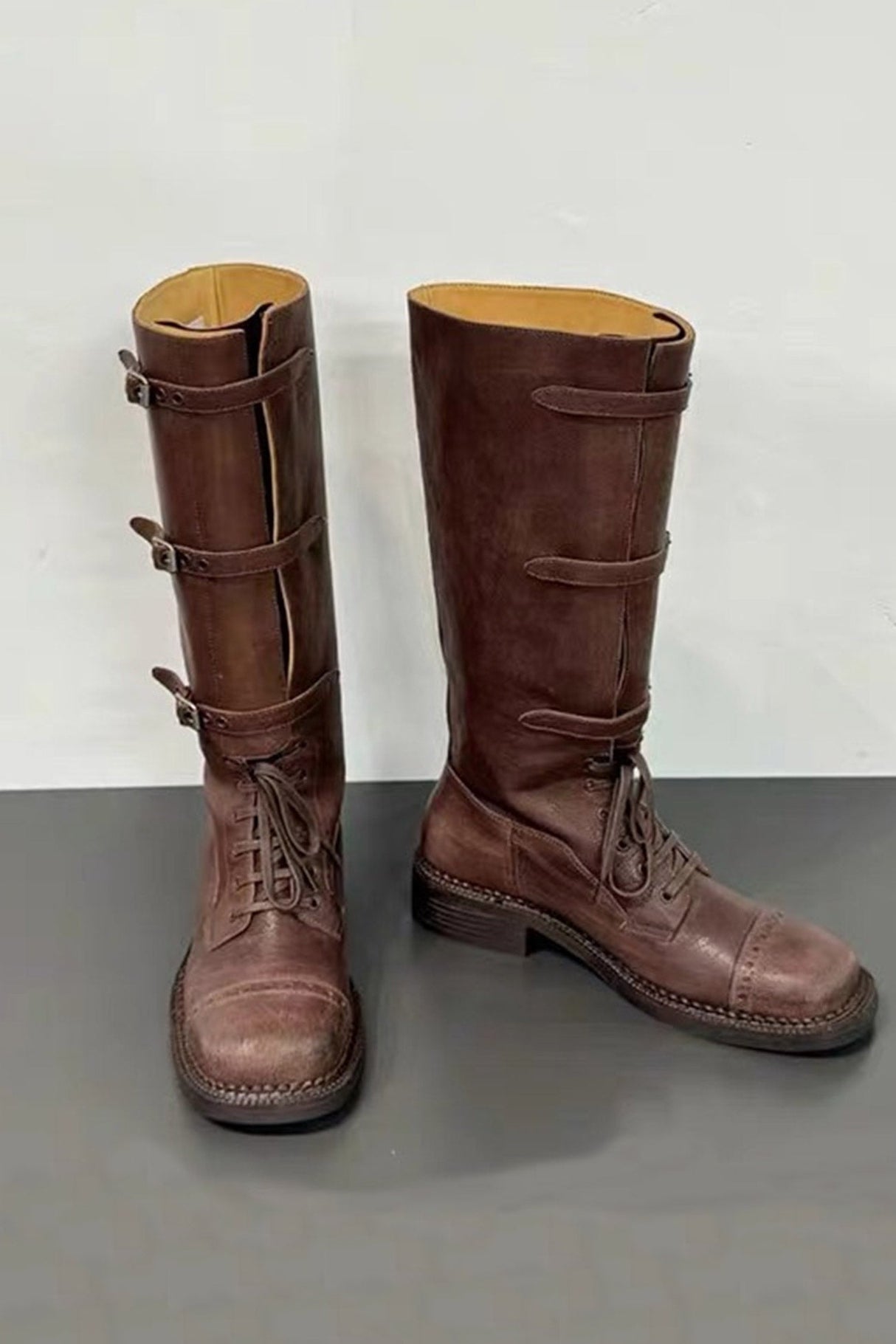 Arolora lace-up-knee-high-moto-buckle-boots