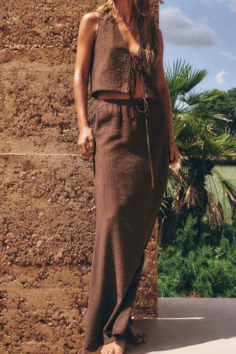 Arolora lace-up-textured-vest-midi-skirt-set
