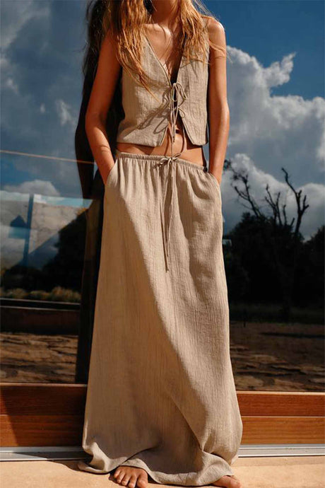 Arolora lace-up-textured-vest-midi-skirt-set