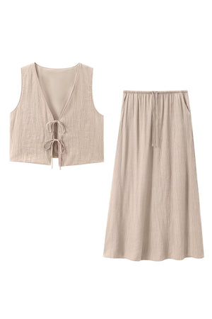 Arolora lace-up-textured-vest-midi-skirt-set