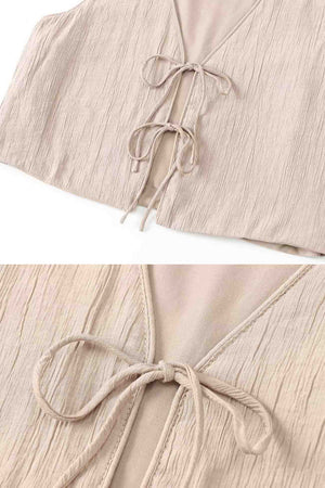 Arolora lace-up-textured-vest-midi-skirt-set