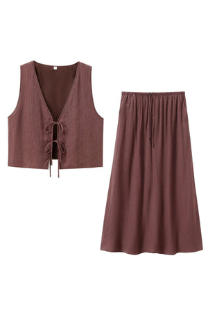 Arolora lace-up-textured-vest-midi-skirt-set