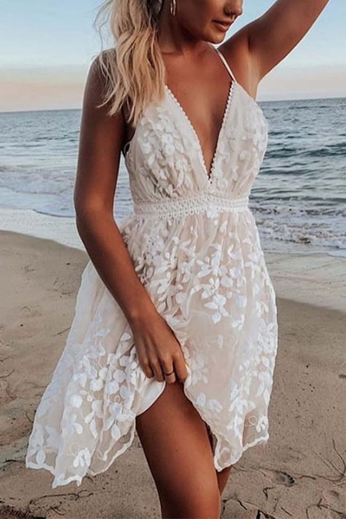 White Lace Stitching Strappy Ruched Cami Dress – AROLORA