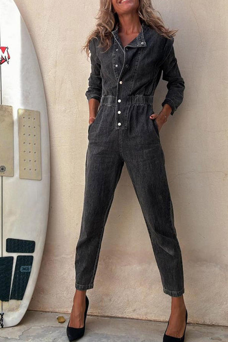 Arolora Lapel Button-down Elastic Waist Denim Jumpsuits