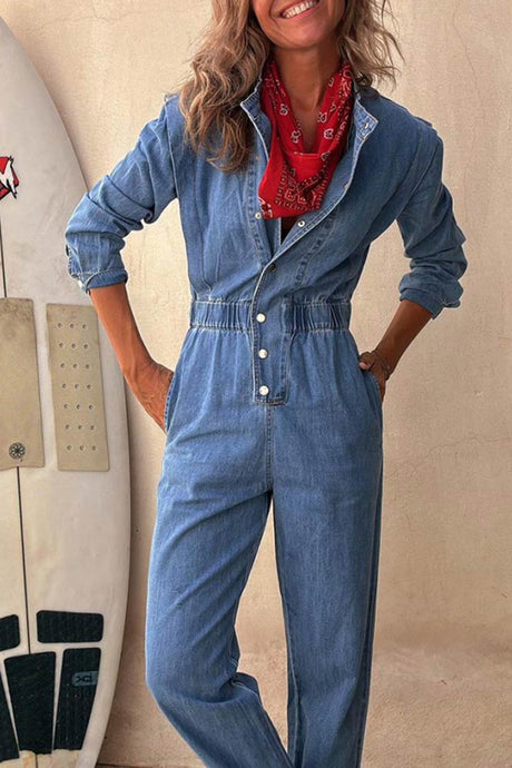 Arolora Lapel Button-down Elastic Waist Denim Jumpsuits