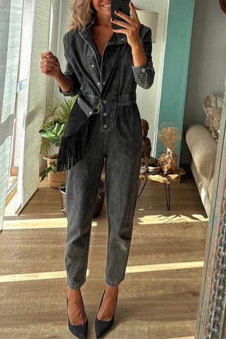 Arolora Lapel Button-down Elastic Waist Denim Jumpsuits