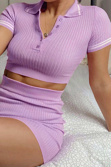 Lapel Button-down Ribbed Knit Skirt Set