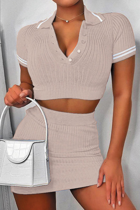 Lapel Button-down Ribbed Knit Skirt Set