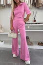 Arolora Lapel Half Sleeve Knit Tops Pants Set