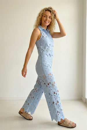 Lapel Hollow Out Lace Vest Pants Set