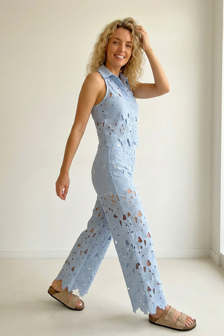 Lapel Hollow Out Lace Vest Pants Set