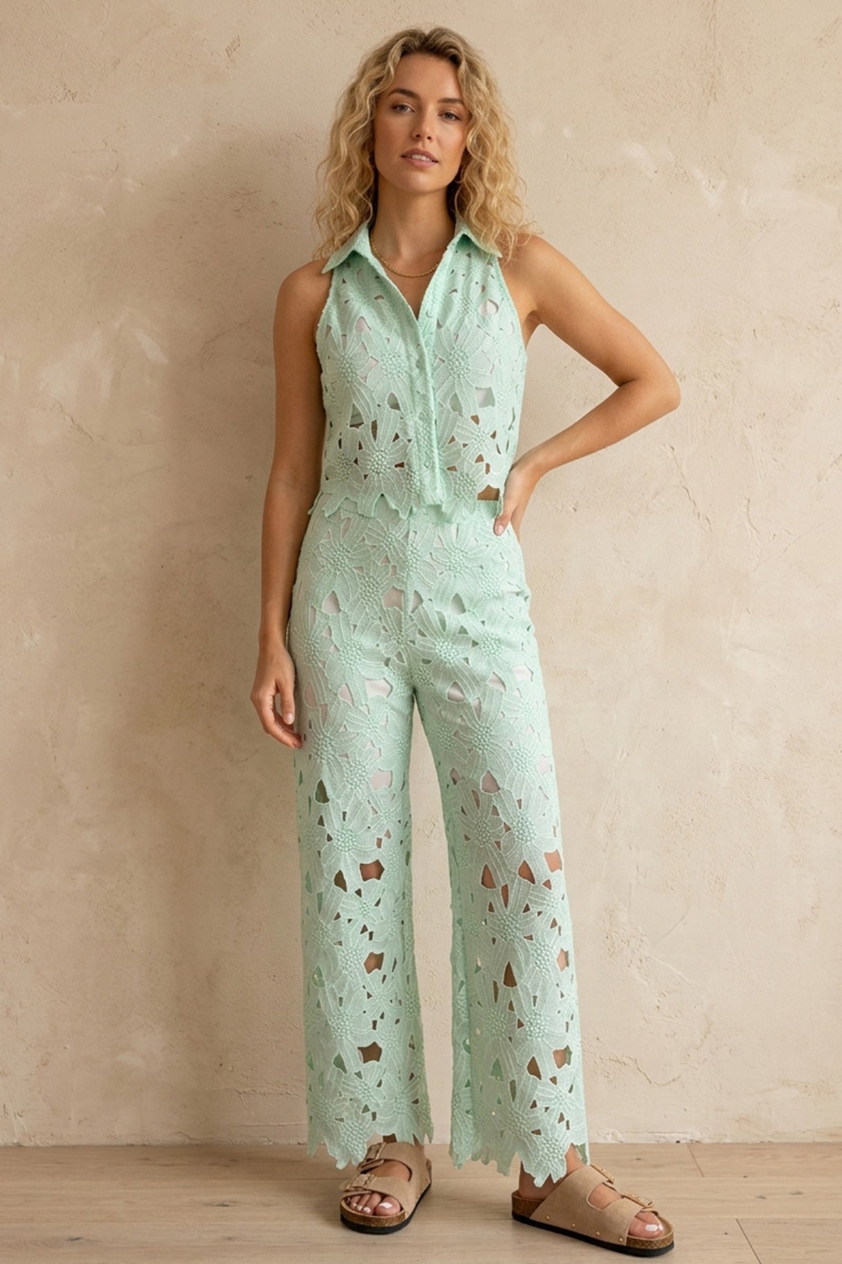 Lapel Hollow Out Lace Vest Pants Set