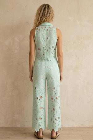Lapel Hollow Out Lace Vest Pants Set