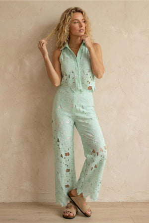 Lapel Hollow Out Lace Vest Pants Set