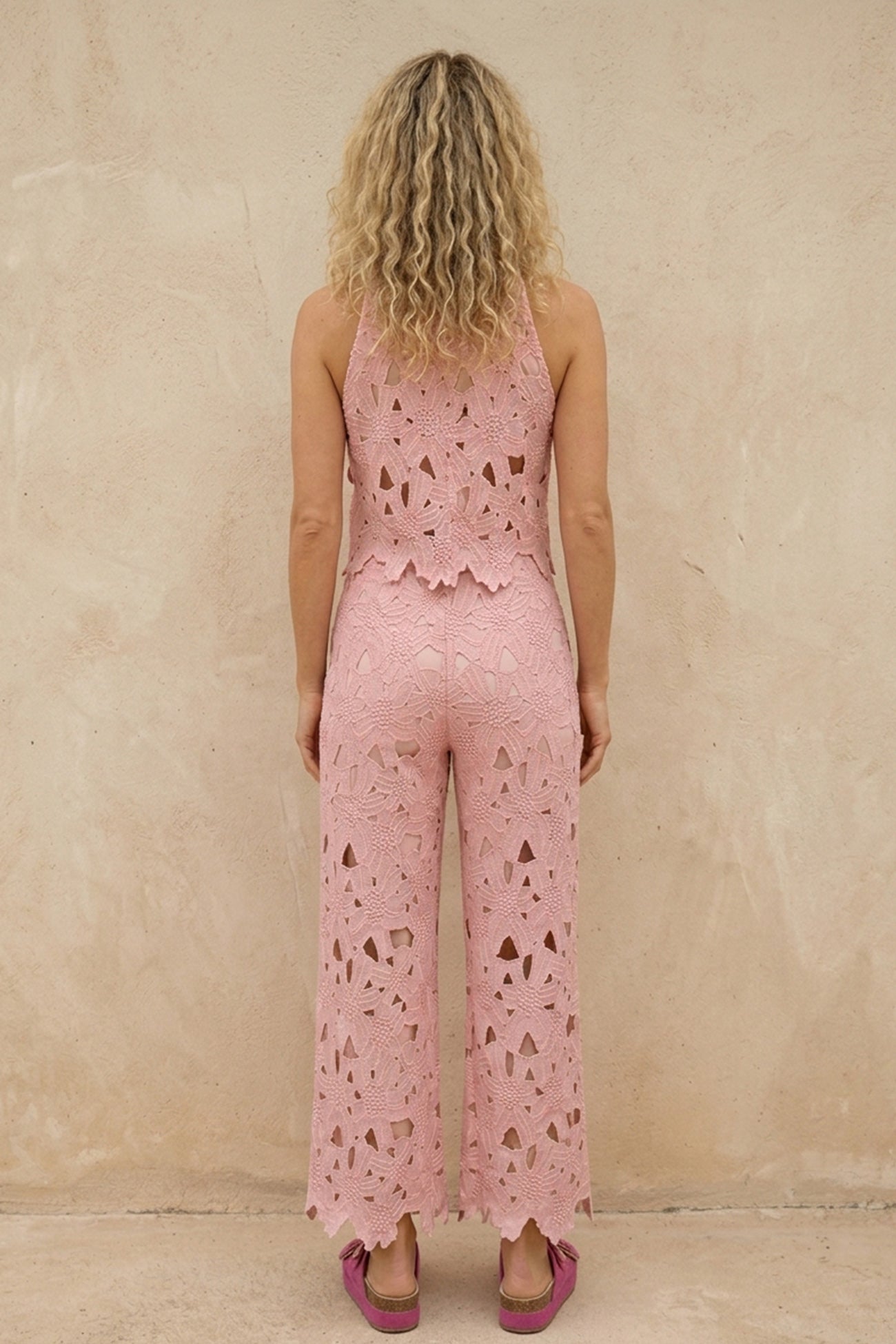 Lapel Hollow Out Lace Vest Pants Set