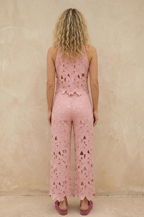 Lapel Hollow Out Lace Vest Pants Set
