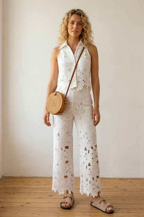Lapel Hollow Out Lace Vest Pants Set