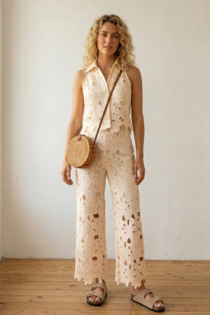 Lapel Hollow Out Lace Vest Pants Set
