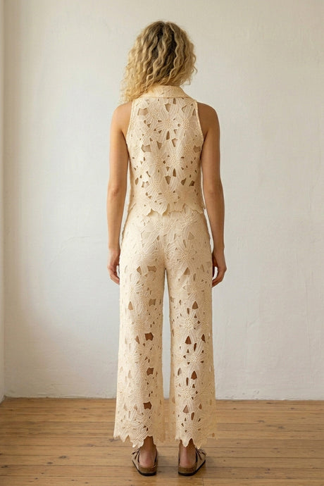 Lapel Hollow Out Lace Vest Pants Set