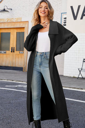 Lapel Ribbed Knit Open Front Cardigan