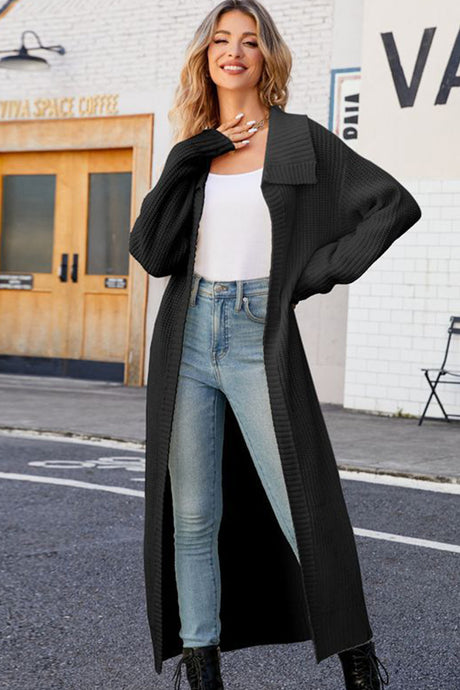 Lapel Ribbed Knit Open Front Cardigan