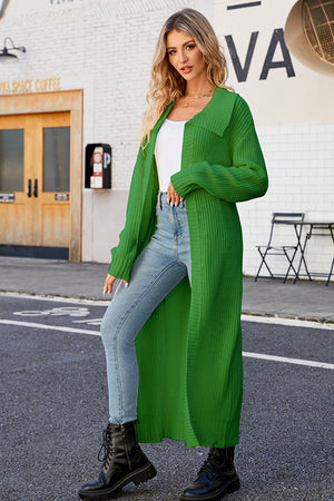 Lapel Ribbed Knit Open Front Cardigan