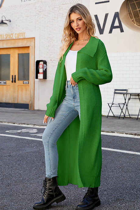 Lapel Ribbed Knit Open Front Cardigan