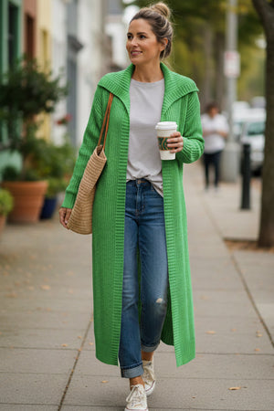 Lapel Ribbed Knit Open Front Cardigan